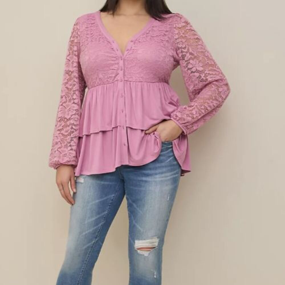 Torrid Pink Long Sleeve Lace Trimmed Button Front Tiered Top Plus 2X